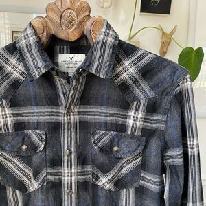American Eagle Snap Front Plaid Western Style Shirt M